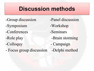 -Group discussion
-Symposium
-Conferences
-Role play
-Colloquy
- Focus group discussion
-Panel discussion
-Workshop
-Seminars
-Brain storming
- Campaign
-Delphi method
Discussion methods
 