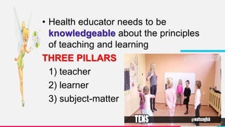 • Health educator needs to be
knowledgeable about the principles
of teaching and learning
THREE PILLARS
1) teacher
2) learner
3) subject-matter
11
 