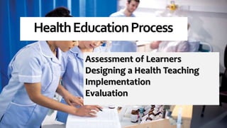 HealthEducationProcess
Assessment of Learners
Designing a Health Teaching
Implementation
Evaluation
 