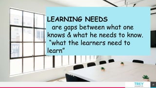 TREY
research
18
LEARNING NEEDS
are gaps between what one
knows & what he needs to know.
“what the learners need to
learn”
 