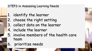 TREY
research
STEPS in Assessing Learning Needs
1. identify the learner
2. choose the right setting
3. collect data on the learner
4. include the learner
5. involve members of the health care
team
6. prioritize needs
 