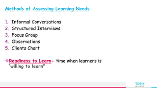 TREY
research
Methods of Assessing Learning Needs
1. Informal Conversations
2. Structured Interviews
3. Focus Group
4. Observations
5. Clients Chart
Readiness to Learn- time when learners is
“willing to learn”
 