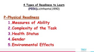 TREY
research
4 Types of Readiness to Learn
(PEEK)Lichthental,1990)
P-Physical Readiness
1.Measures of Ability
2.Complexity of the Task
3.Health Status
4.Gender
5.Environmental Effects
 