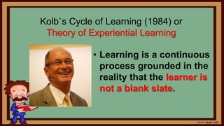 Kolb`s Cycle of Learning (1984) or
Theory of Experiential Learning
• Learning is a continuous
process grounded in the
reality that the learner is
not a blank slate.
 