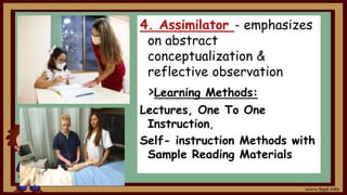 4. Assimilator - emphasizes
on abstract
conceptualization &
reflective observation
>Learning Methods:
Lectures, One To One
Instruction,
Self- instruction Methods with
Sample Reading Materials
 