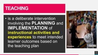 TEACHING
• is a deliberate intervention
involving the PLANNING and
IMPLEMENTATION of
instructional activities and
experiences to meet intended
learner outcomes based on
the teaching plan
6
 