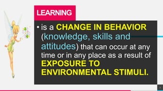 LEARNING
• is a CHANGE IN BEHAVIOR
(knowledge, skills and
attitudes) that can occur at any
time or in any place as a result of
EXPOSURE TO
ENVIRONMENTAL STIMULI.
7
 
