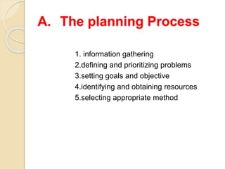 A. The planning Process
1. information gathering
2.defining and prioritizing problems
3.setting goals and objective
4.identifying and obtaining resources
5.selecting appropriate method
 