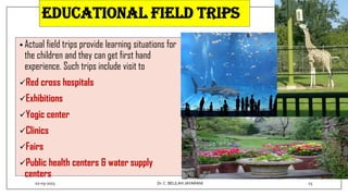 EDUCATIONAL FIELD TRIPS
• Actual field trips provide learning situations for
the children and they can get first hand
experience. Such trips include visit to
Red cross hospitals
Exhibitions
Yogic center
Clinics
Fairs
Public health centers & water supply
centers
02-03-2023 15
Dr.C. BEULAH JAYARANI
 