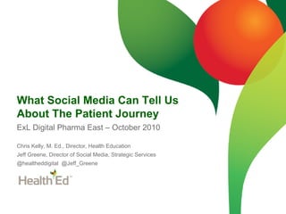 What Social Media Can Tell Us
About The Patient Journey
ExL Digital Pharma East – October 2010

Chris Kelly, M. Ed., Director, Health Education
Jeff Greene, Director of Social Media, Strategic Services
@healtheddigital @Jeff_Greene
 