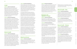 13
12
Lungs
Immediate effects of alcohol use
Being drunk[9] increases the risk of pneumonia
(inflammation of the lungs, usually caused by
infection from bacteria or viruses).[5] This is because,
at high blood concentrations, alcohol is sedating
and relaxes the mouth and throat, suppresses reflexes
(like the gag and cough reflexes), and reduces the
ability of the lungs to clear mucus and foreign matter,
so that vomit, saliva or other substances may enter
the lungs and cause inflammation and infection
(bronchitis or pneumonia).
Long-term effects of alcohol use
Chronic heavy alcohol use is also associated with
higher rates of pneumonia, tuberculosis (an infectious
disease that affects primarily the lungs but also any
other part of the body),[9] and acute respiratory
distress syndrome (ARDS – a life-threatening condition
in which the lungs fill with fluid, which occurs as a
rare complication of pneumonia, trauma and severe
infections).[42] In addition to the ways in which acute
alcohol use can cause pneumonia, chronic heavy
alcohol use also impairs the immune system and
changes the bacteria present in the mouth to those
more likely to cause infections, making people more
vulnerable to pneumonia.[9]
Mental health
Immediate effects of alcohol use
Many people use low doses of alcohol for relaxation
and to relieve tension, nervousness and stress.[2,8]
However, in some people alcohol creates rather than
reduces stress through stimulating stress hormones.[43]
Alcohol affects mood in a variety of ways, and can
make people feel happy, sad or aggressive, and can
also cause moods swing.[4,8] However, there is a risk
of becoming dependent on alcohol if it is used as a
primary means to relieve stress and anxiety without
addressing the underlying causes. Because it removes
inhibitions and increases aggression and recklessness,
alcohol is often found in the blood of people who self-
harm, or attempt or complete suicide.[44]
Long-term effects of alcohol use
Alcohol is addictive and can lead to dependency. This
is where the body requires more alcohol to achieve the
desired effect (e.g. altered mood), where use of alcohol
interferes with a person’s life (causing legal, work/
study, relationship or social problems), where a person
continues to use alcohol despite it causing physical
or mental problems, and where, if alcohol is not taken,
withdrawal symptoms occur.
The severity of withdrawal symptoms depends on
the quantity of alcohol consumed and the length of
the drinking session. Symptoms include shaking of the
hands, which commonly occurs the morning after the
drinking session and may be relieved by more alcohol.
If alcohol is not taken, symptoms can progress to
insomnia, increased heart rate, temperature and blood
pressure, sweating, agitation, nausea, flushing of the
face, nightmares, hallucinations (seeing, hearing or
feeling things that are not present) and fits.[4,13,45,46]
The most serious withdrawal syndrome is ‘delirium
tremens’, which develops in about 5 percent of people
with alcohol withdrawal (more if fits are not treated)
and by definition includes the symptom of delirium
(an altered and confused state of mind).[46] This
syndrome has a death rate of around 5 percent.[46]
In people who drink heavily, alcohol commonly causes
mood disorders, including depression, anxiety and
psychosis (a mental illness defined by changes in
personality, a distorted sense of reality, and delusions).
[8] If these disorders only occur during drinking
sessions or withdrawal, they will usually resolve once
drinking is stopped.[8] Alcohol abuse and dependency
are also common in people with pre-existing mental
health conditions.
Mouth and throat
Immediate effects of alcohol use
Being drunk can have various effects on speech, such
as making people more friendly, talkative, unreserved,
relaxed or argumentative. Increasing amounts of
alcohol can cause aggressive, antisocial, angry, slurred
and confused speech.[4,5]
Long-term effects of alcohol use
Alcohol is a carcinogen, meaning that it causes cancers
in humans. Regular alcohol use increases the risk of
cancers of the mouth, throat and voicebox.[9,29,47]
Drinking around 50g of alcohol a day (five standard
drinks) increases the risk of these cancers by two
to three times compared with non-drinkers, but for
people who smoke, this risk is increased much more.
[10,47] Drinking more increases the risk of cancers, and
drinking less decreases the risk of cancers.
Pancreas and
digestion of sugar
Immediate effects of alcohol use
Heavy alcohol use on a single occasion can lead to
dangerously low blood sugar (hypoglycaemia), which
can cause symptoms of shaking, sweating, dizziness,
blurred vision and, if not treated, brain damage.[4,5]
Long-term effects of alcohol use
The pancreas is a gland that secretes digestive
enzymes and releases insulin, which regulates sugar
levels in the blood.[48]
Chronic heavy alcohol use can cause acute pancreatitis
(sudden inflammation of and damage to the pancreas
that resolves over several days)[9,48] and chronic
pancreatitis (inflammation of the pancreas that
does not heal and worsens over time).[48,49] Acute
pancreatitis typically causes abdominal and back pain,
nausea and fever[49] and may occur a few hours or
up to two days after drinking alcohol.[48] In 20 to 30
percent of people, acute pancreatitis is a severe, life-
threatening condition, which requires treatment in
hospital.[50]
Chronic pancreatitis typically occurs in people aged
30 to 40 years and can cause abdominal pain, weight
loss, diabetes, malnutrition and oily bowel motions
(because the pancreas helps to digest fat and when
the pancreas is damaged, fats are excreted out of the
bowel instead of being absorbed into the body).[48]
The risk of acute and chronic pancreatitis increases
with higher alcohol use.[9]
Moderate alcohol use is associated with a reduced
risk of developing type 2 diabetes, although the exact
reason for this is not certain.[9]
Sexual health – Men
Immediate effects of alcohol use
Being drunk increases the chances of having unsafe
sex (without a condom), having sex that is later
regretted or experiencing sexual assault [51,52] as
alcohol impairs judgment and lowers inhibitions.
[4] These factors are also likely to increase the risk of
getting a sexually transmitted infection.[53]
Long-term effects of alcohol use
Chronic heavy alcohol use can lead to impotence,
loss of sex drive, wasting of the testicles and reduced
fertility.[35,54] This is primarily because alcohol affects
testosterone levels. 
Sexual health – Women
Immediate effects of alcohol use
Being drunk increases the chances of having unsafe
sex (without a condom), having sex that is later
regretted or experiencing sexual assault [51,52] as
alcohol impairs judgment and lowers inhibitions.[4]
Such sexual experiences are also likely to increase
the risk of getting a sexually transmitted infection
[53] or having an unplanned pregnancy.
Long-term effects of alcohol use
Chronic heavy alcohol use can lead to reduced fertility
and can make periods heavy or irregular or stop
altogether.[19,35] Consuming alcohol while pregnant
may increase the risk of miscarriage,[55,56] low birth
weight,[13] stillbirth and premature birth.[9,57] It can
also cause significant abnormalities in the unborn,
developing baby (fetal alcohol spectrum disorder).
[4,13,57,58]
Introduction
Body
Effects
Health
Effects
&
Conditions
Impact
of
Alcohol
Effects
of
Alcohol
Drinking
Advice
Support
&
Information
 