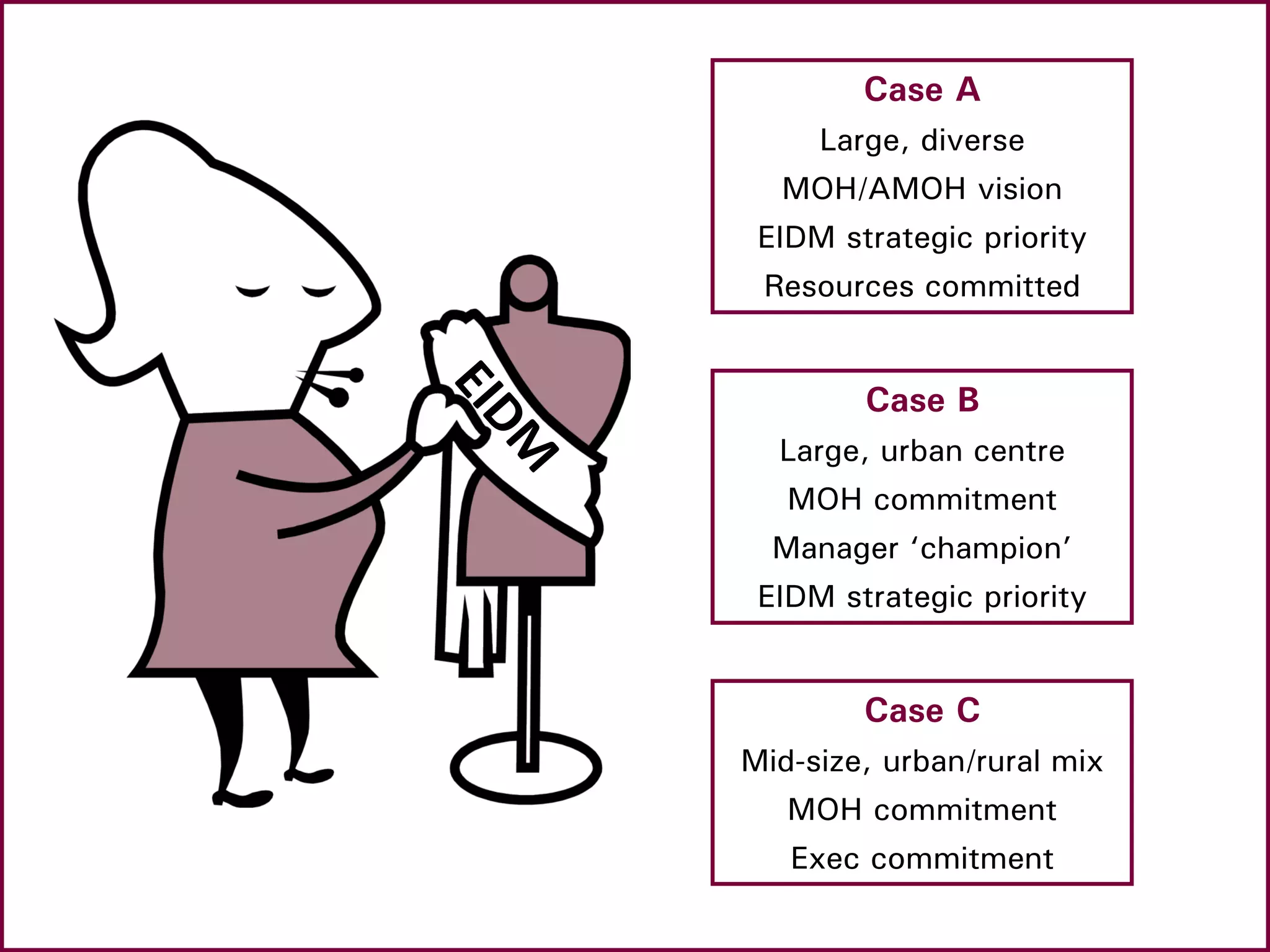 Case A
Large, diverse
MOH/AMOH vision
EIDM strategic priority
Resources committed
Case B
Large, urban centre
MOH commitment
Manager ‘champion’
EIDM strategic priority
Case C
Mid-size, urban/rural mix
MOH commitment
Exec commitment
 