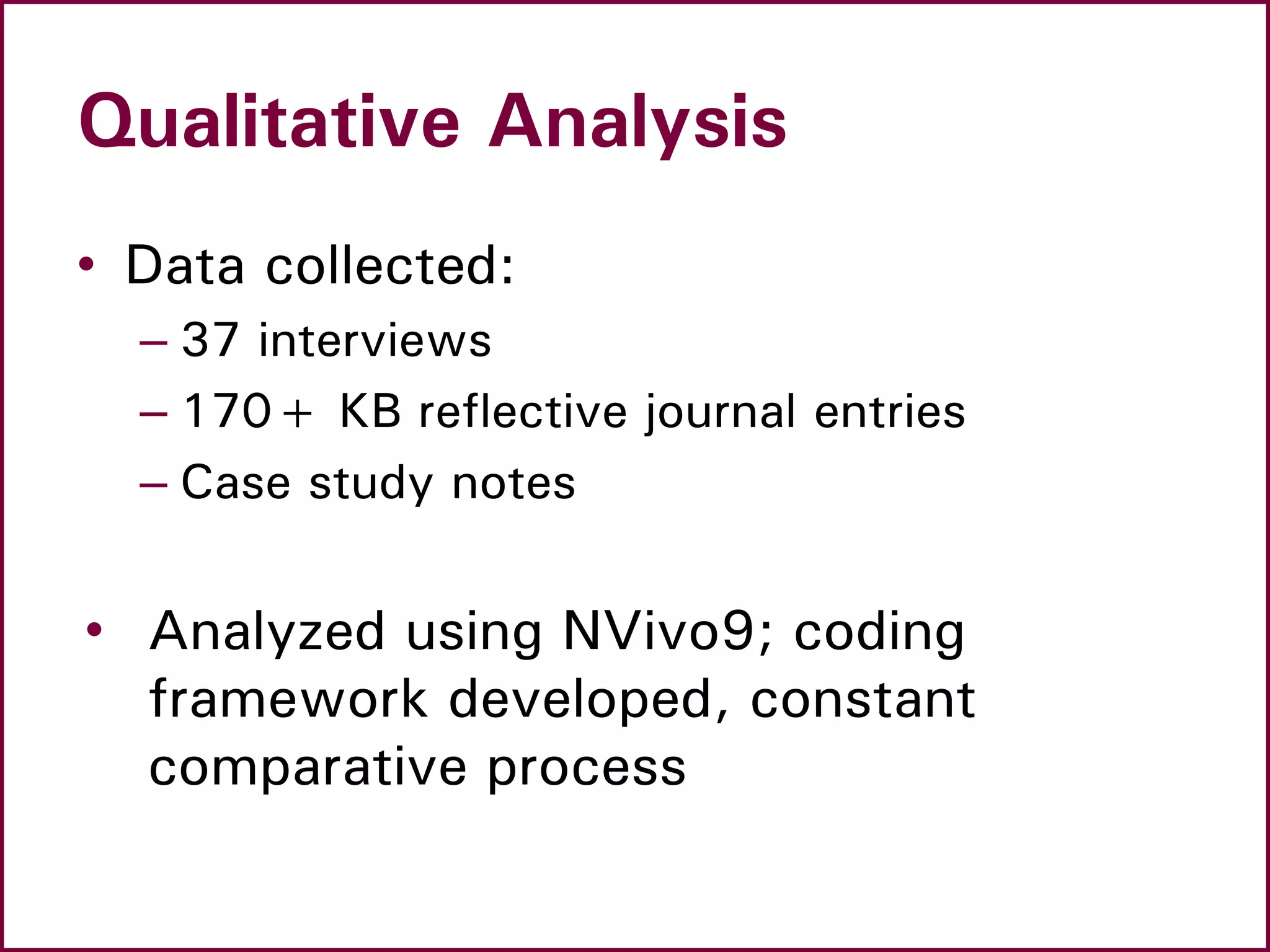 Qualitative Analysis
• Data collected:
– 37 interviews
– 170+ KB reflective journal entries
– Case study notes
• Analyzed using NVivo9; coding
framework developed, constant
comparative process
 
