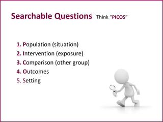 Searchable Questions Think “PICOS”
1. Population (situation)
2. Intervention (exposure)
3. Comparison (other group)
4. Outcomes
5. Setting
 