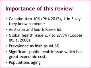 Importance of this review
• Canada: 4 to 10% (PHA 2012), 1 in 5 say
they know someone
• Australia and South Korea 6%
• Global health issue 2.7 to 27.5% (Cooper
et. al 2008)
• Prevalence as high as 44.6%
• Significant public health issue which has
great economic costs
• Populations aging
 