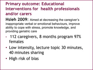 Primary outcome: Educational
Interventions for health professionals
and/or carers
Hsieh 2009: Aimed at decreasing the caregiver’s
inappropriate verbal or emotional behaviours, improve
ability to cope with stress, promote knowledge, and
providing geriatric care
• 112 caregivers, 8 months program 97%
females
• Low intensity, lecture topic 30 minutes,
40 minutes sharing
• High risk of bias
 