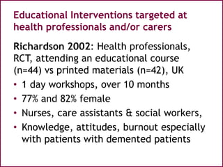 Educational Interventions targeted at
health professionals and/or carers
Richardson 2002: Health professionals,
RCT, attending an educational course
(n=44) vs printed materials (n=42), UK
• 1 day workshops, over 10 months
• 77% and 82% female
• Nurses, care assistants & social workers,
• Knowledge, attitudes, burnout especially
with patients with demented patients
 
