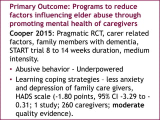 Primary Outcome: Programs to reduce
factors influencing elder abuse through
promoting mental health of caregivers
Cooper 2015: Pragmatic RCT, carer related
factors, family members with dementia,
START trial 8 to 14 weeks duration, medium
intensity.
• Abusive behavior - Underpowered
• Learning coping strategies – less anxiety
and depression of family care givers,
HADS scale (-1.80 points, 95% CI -3.29 to -
0.31; 1 study; 260 caregivers; moderate
quality evidence).
 