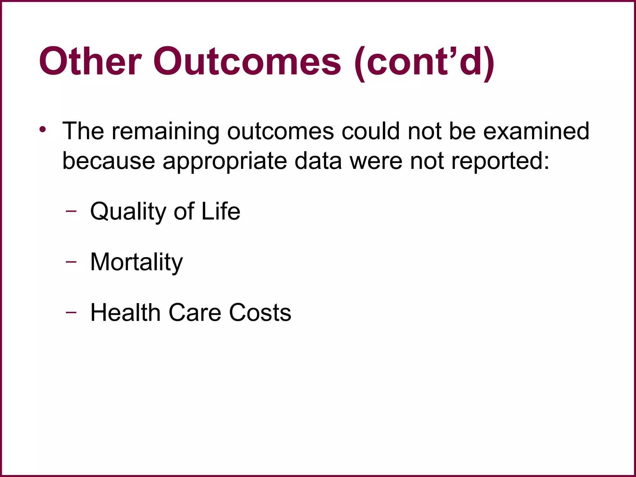 Other Outcomes (cont’d)
• The remaining outcomes could not be examined
because appropriate data were not reported:
– Quality of Life
– Mortality
– Health Care Costs
 
