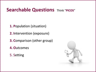 Searchable Questions Think “PICOS”
1. Population (situation)
2. Intervention (exposure)
3. Comparison (other group)
4. Outcomes
5. Setting
 