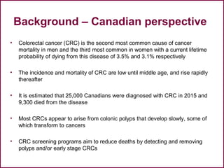 Background – Canadian perspective
• Colorectal cancer (CRC) is the second most common cause of cancer
mortality in men and the third most common in women with a current lifetime
probability of dying from this disease of 3.5% and 3.1% respectively
• The incidence and mortality of CRC are low until middle age, and rise rapidly
thereafter
• It is estimated that 25,000 Canadians were diagnosed with CRC in 2015 and
9,300 died from the disease
• Most CRCs appear to arise from colonic polyps that develop slowly, some of
which transform to cancers
• CRC screening programs aim to reduce deaths by detecting and removing
polyps and/or early stage CRCs
21
 