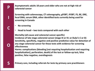 P Asymptomatic adults 18 years and older who are not at high risk of
colorectal cancer
I
Screening with colonoscopy, CT colonography, gFOBT, iFOBT, FS, BE, DRE,
fecal DNA, serum DNA, other identified tests currently being used for
screening in Canada
C
• No screening
• Head to head – two tests compared with each other
O
Mortality (all-cause and colorectal cancer-specific)
Incidence of late stage colorectal cancer (stage III or IV; or Duke’s C or D)
Sensitivity, specificity, negative and positive predictive value for detection of
any stage colorectal cancer for those tests with evidence for screening
effectiveness
Harms: complications (bleeding [not requiring hospitalization and requiring
hospitalization], perforation, death) of the test or follow-up test, false
positive, false negative, overdiagnosis
S Primary care, including referrals for tests by primary care practitioners
 