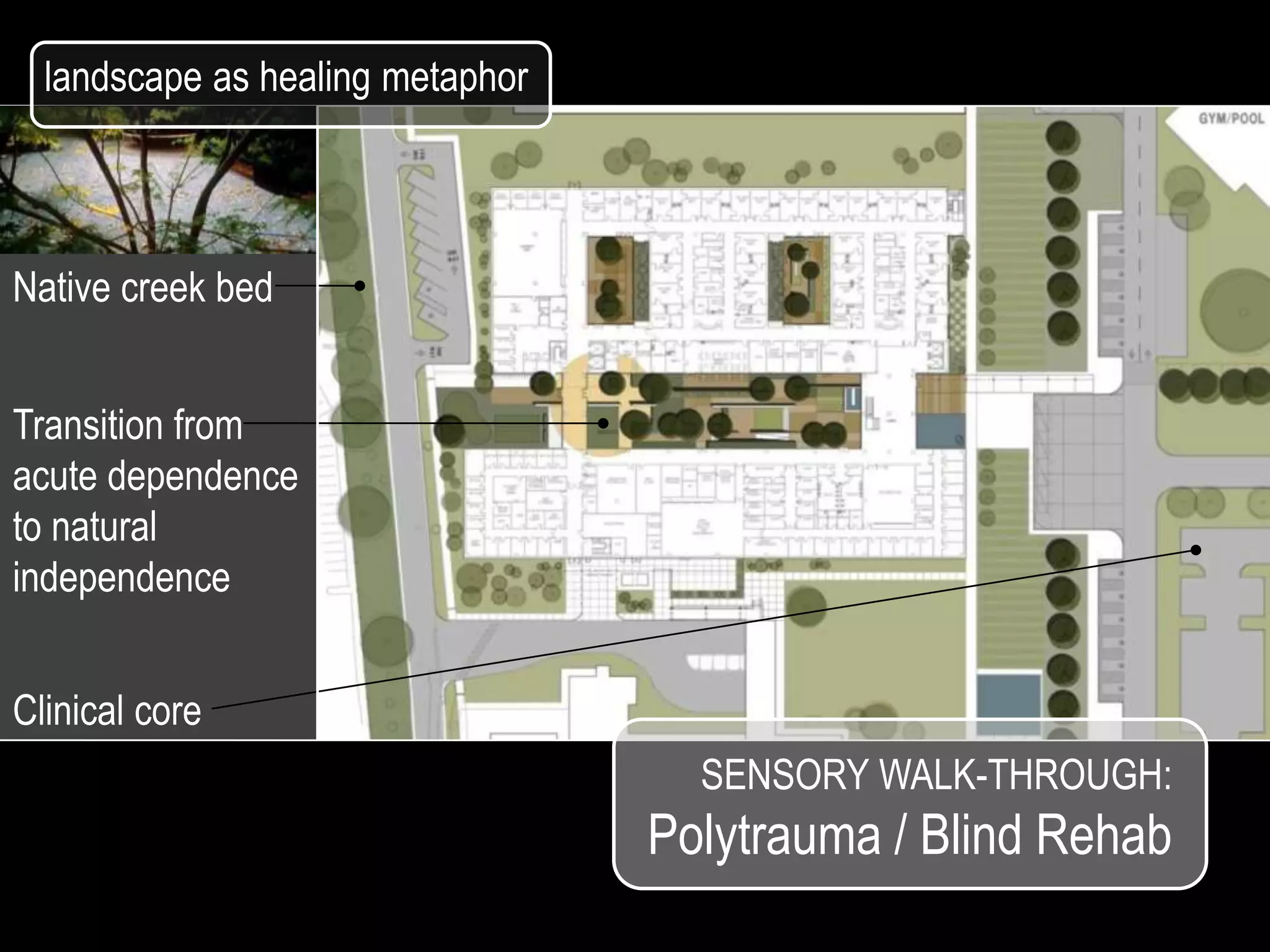 landscape as healing metaphor



Native creek bed


Transition from
acute dependence
to natural
independence


Clinical core
                                    SENSORY WALK-THROUGH:
                                  Polytrauma / Blind Rehab
 