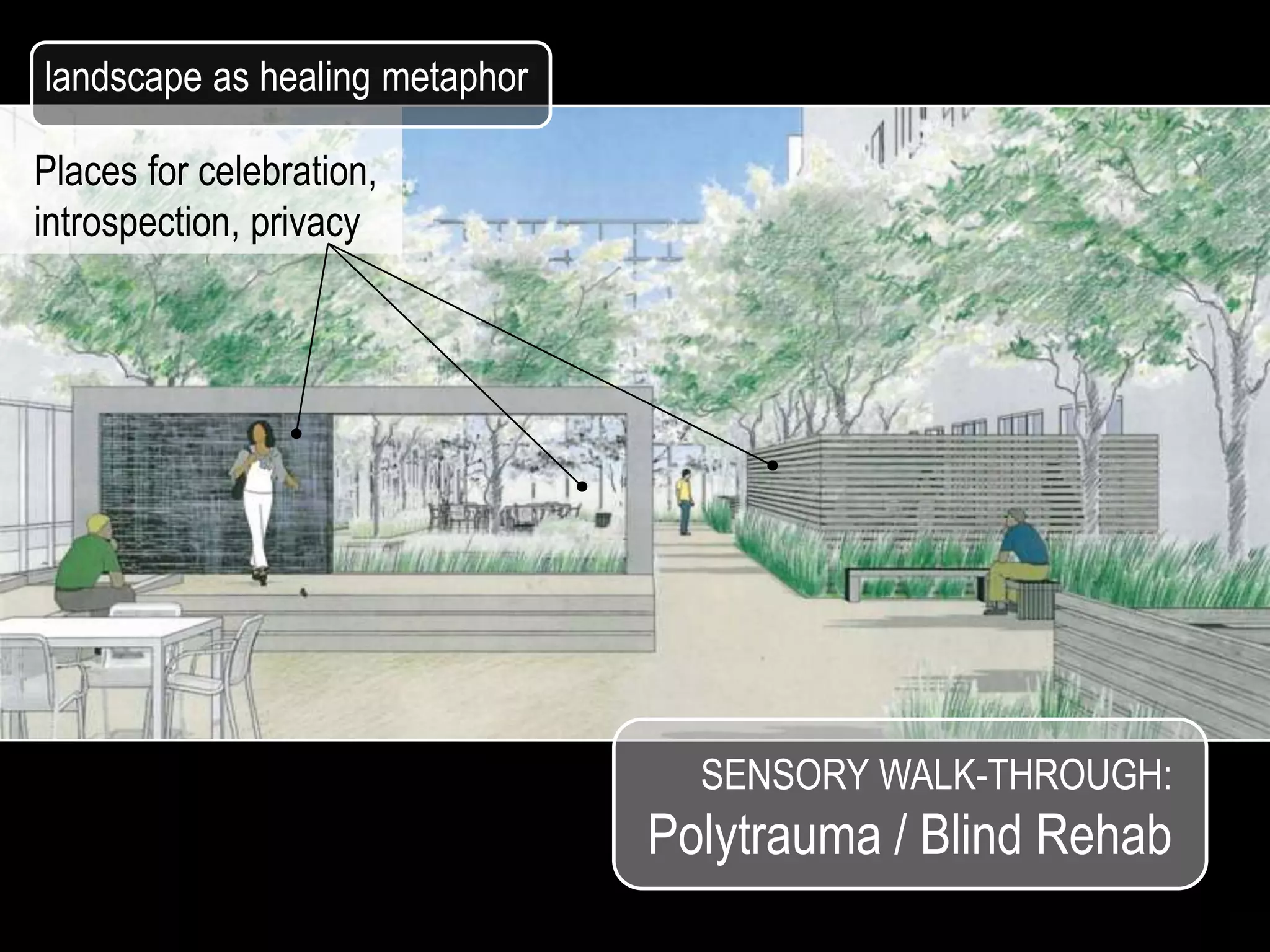 landscape as healing metaphor

Places for celebration,
introspection, privacy




                                  SENSORY WALK-THROUGH:
                                Polytrauma / Blind Rehab
 