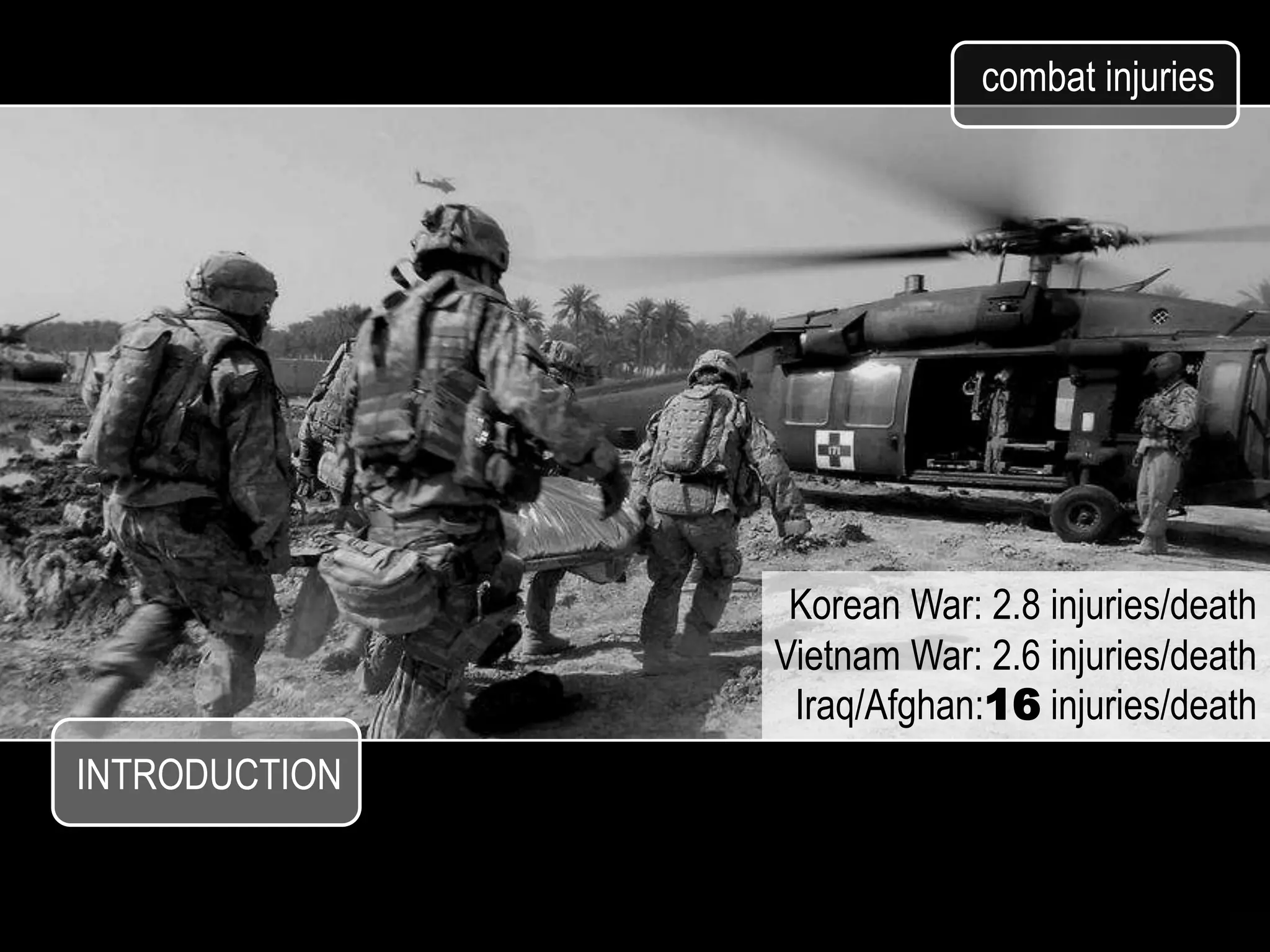 combat injuries




                Korean War: 2.8 injuries/death
               Vietnam War: 2.6 injuries/death
                Iraq/Afghan:16 injuries/death
INTRODUCTION
 