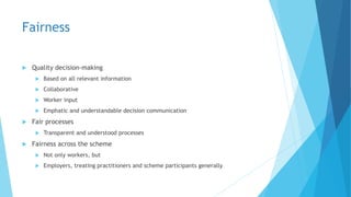 Fairness
 Quality decision-making
 Based on all relevant information
 Collaborative
 Worker input
 Emphatic and understandable decision communication
 Fair processes
 Transparent and understood processes
 Fairness across the scheme
 Not only workers, but
 Employers, treating practitioners and scheme participants generally
 