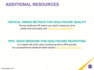 11WE BECOME YOU™
ADDITIONAL RESOURCES
CRITICAL HIRING METRICS FOR HEALTHCARE QUALITY
The key healthcare HR metrics you nee...