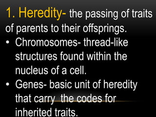 1. Heredity- the passing of traits
of parents to their offsprings.
• Chromosomes- thread-like
structures found within the
nucleus of a cell.
• Genes- basic unit of heredity
that carry the codes for
inherited traits.
 