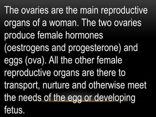 The ovaries are the main reproductive
organs of a woman. The two ovaries
produce female hormones
(oestrogens and progesterone) and
eggs (ova). All the other female
reproductive organs are there to
transport, nurture and otherwise meet
the needs of the egg or developing
fetus.
 