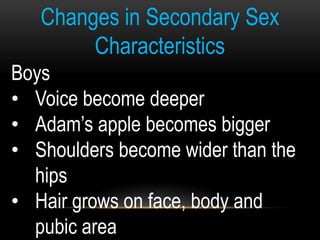 Changes in Secondary Sex
Characteristics
Boys
• Voice become deeper
• Adam‟s apple becomes bigger
• Shoulders become wider than the
hips
• Hair grows on face, body and
pubic area
 