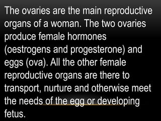 The ovaries are the main reproductive
organs of a woman. The two ovaries
produce female hormones
(oestrogens and progesterone) and
eggs (ova). All the other female
reproductive organs are there to
transport, nurture and otherwise meet
the needs of the egg or developing
fetus.
 