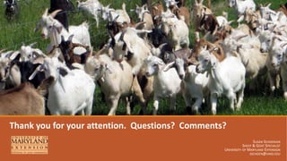 Thank you for your attention. Questions? Comments?
SUSAN SCHOENIAN
SHEEP & GOAT SPECIALIST
UNIVERSITY OF MARYLAND EXTENSION
SSCHOEN@UMD.EDU
 