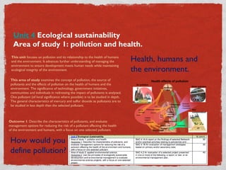 Unit 4 Ecological sustainability
Area of study 1: pollution and health.
Outcome 1: Describe the characteristics of pollutants, and evaluate
management options for reducing the risk of a pollutant affecting the health
of the environment and humans, with a focus on one selected pollutant.
Health, humans and
the environment.
This unit focuses on pollution and its relationship to the health of humans
and the environment. It advances further understanding of managing the
environment to ensure development meets human needs while maintaining
ecological integrity of the environment.
This area of study examines the concept of pollution, the source of
pollutants and the effects of pollution on the health of humans and the
environment. The significance of technology, government initiatives,
communities and individuals in redressing the impact of pollutants is analysed.
One pollutant (of local significance where possible) is to be studied in depth.
The general characteristics of mercury and sulfur dioxide as pollutants are to
be studied in less depth than the selected pollutant.
How would you
define pollution?
 