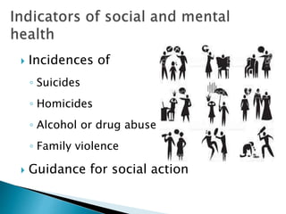  Incidences of
◦ Suicides
◦ Homicides
◦ Alcohol or drug abuse
◦ Family violence
 Guidance for social action
 