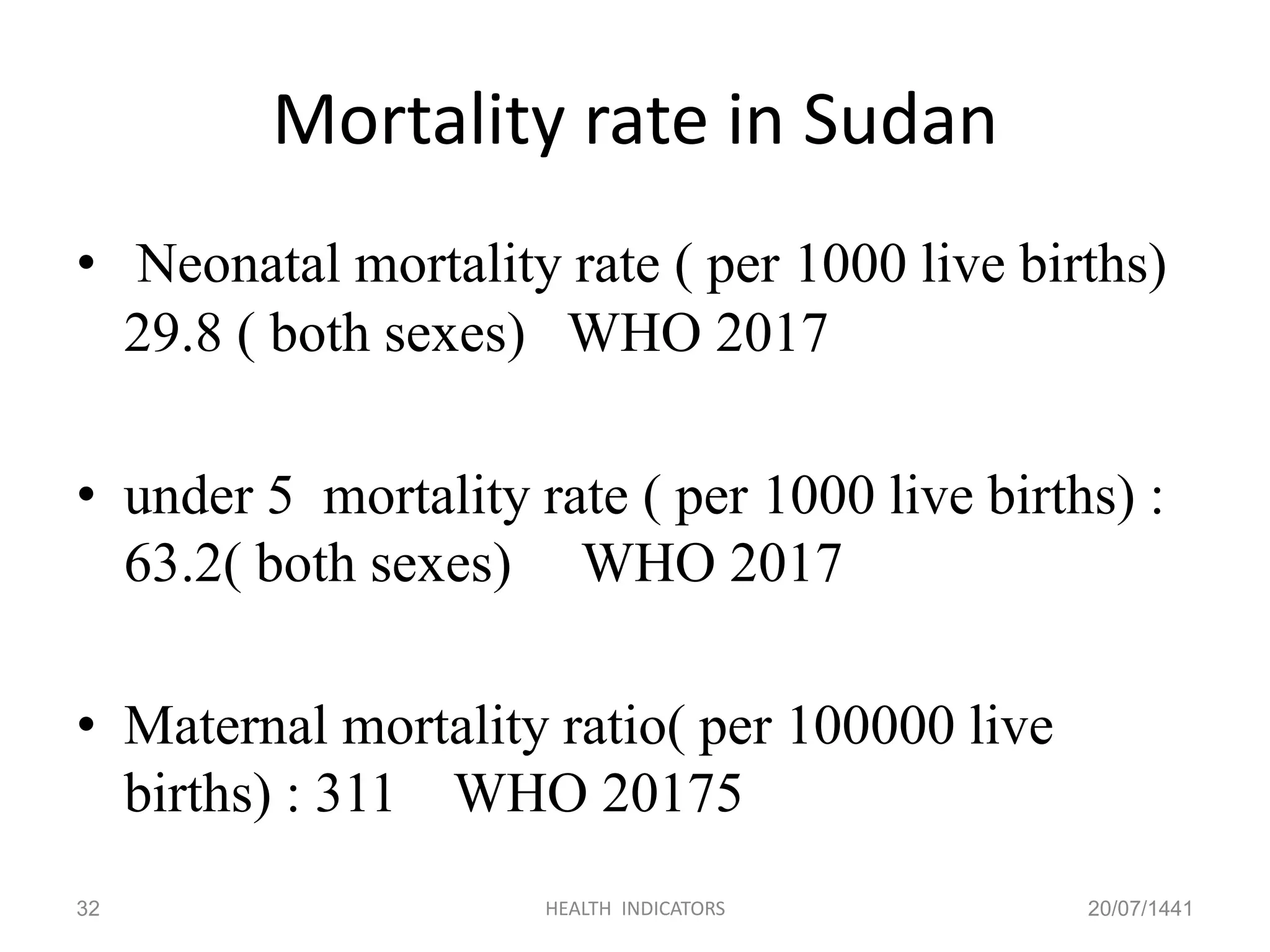 Mortality rate in Sudan
• Neonatal mortality rate ( per 1000 live births)
29.8 ( both sexes) WHO 2017
• under 5 mortality rate ( per 1000 live births) :
63.2( both sexes) WHO 2017
• Maternal mortality ratio( per 100000 live
births) : 311 WHO 20175
20/07/1441HEALTH INDICATORS32
 