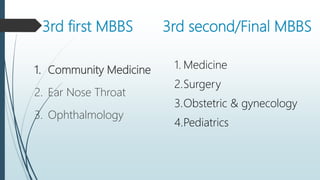 3rd first MBBS 3rd second/Final MBBS
1. Community Medicine
2. Ear Nose Throat
3. Ophthalmology
1. Medicine
2.Surgery
3.Obstetric & gynecology
4.Pediatrics
 