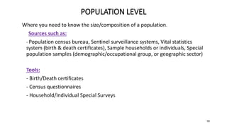 18
POPULATION LEVEL
Where you need to know the size/composition of a population.
Sources such as:
- Population census bure...