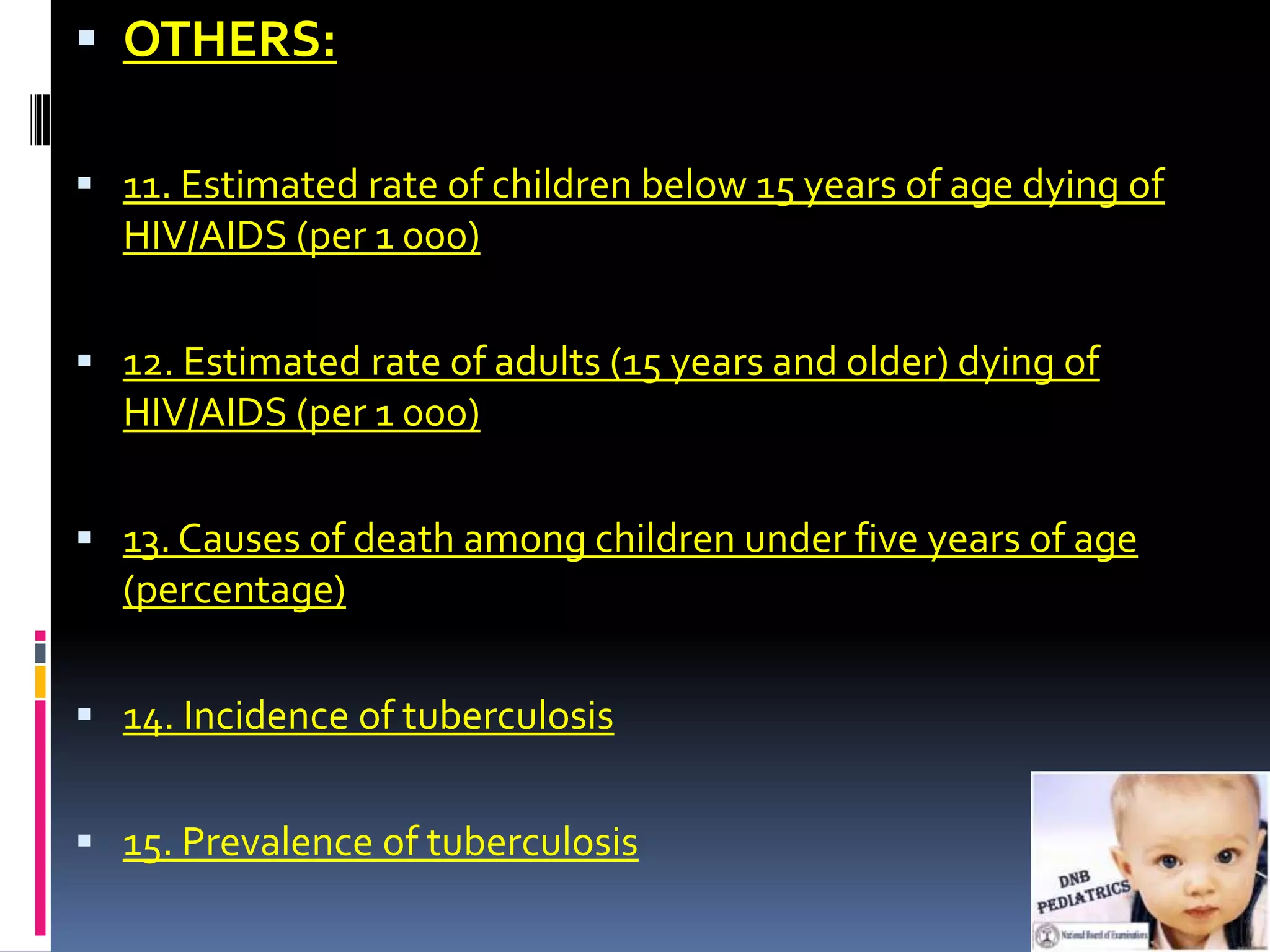  OTHERS:

 11. Estimated rate of children below 15 years of age dying of
  HIV/AIDS (per 1 000)

 12. Estimated rate of adults (15 years and older) dying of
  HIV/AIDS (per 1 000)

 13. Causes of death among children under five years of age
  (percentage)

 14. Incidence of tuberculosis


 15. Prevalence of tuberculosis
 