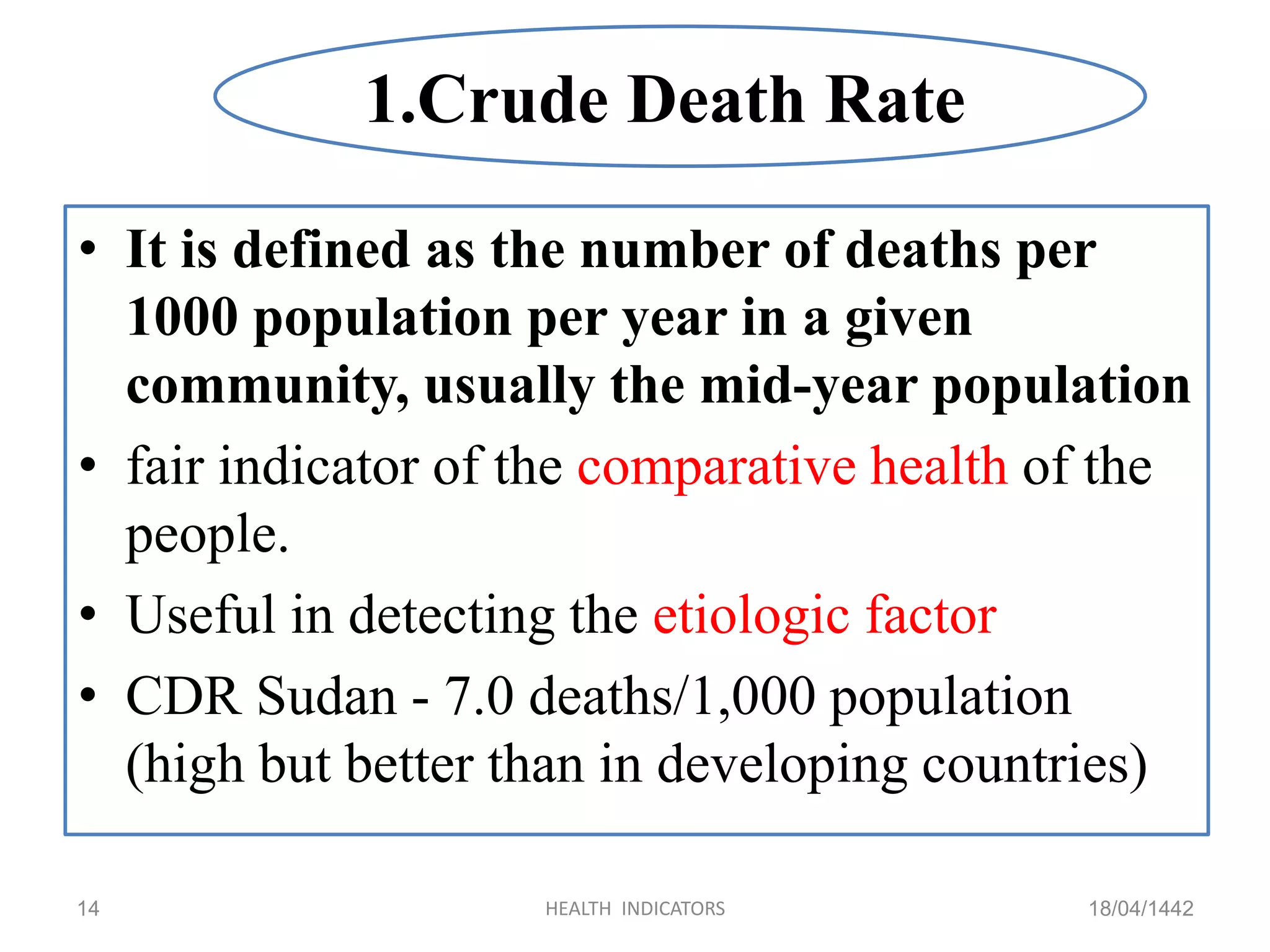 • It is defined as the number of deaths per
1000 population per year in a given
community, usually the mid-year population
• fair indicator of the comparative health of the
people.
• Useful in detecting the etiologic factor
• CDR Sudan - 7.0 deaths/1,000 population
(high but better than in developing countries)
18/04/1442HEALTH INDICATORS14
1.Crude Death Rate
 