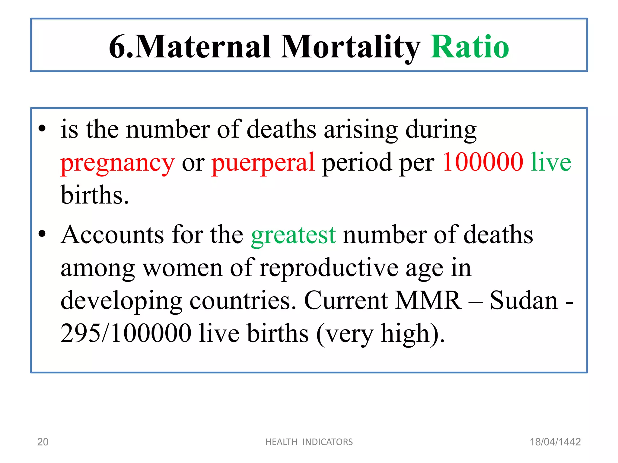 6.Maternal Mortality Ratio
• is the number of deaths arising during
pregnancy or puerperal period per 100000 live
births.
• Accounts for the greatest number of deaths
among women of reproductive age in
developing countries. Current MMR – Sudan -
295/100000 live births (very high).
18/04/1442HEALTH INDICATORS20
 