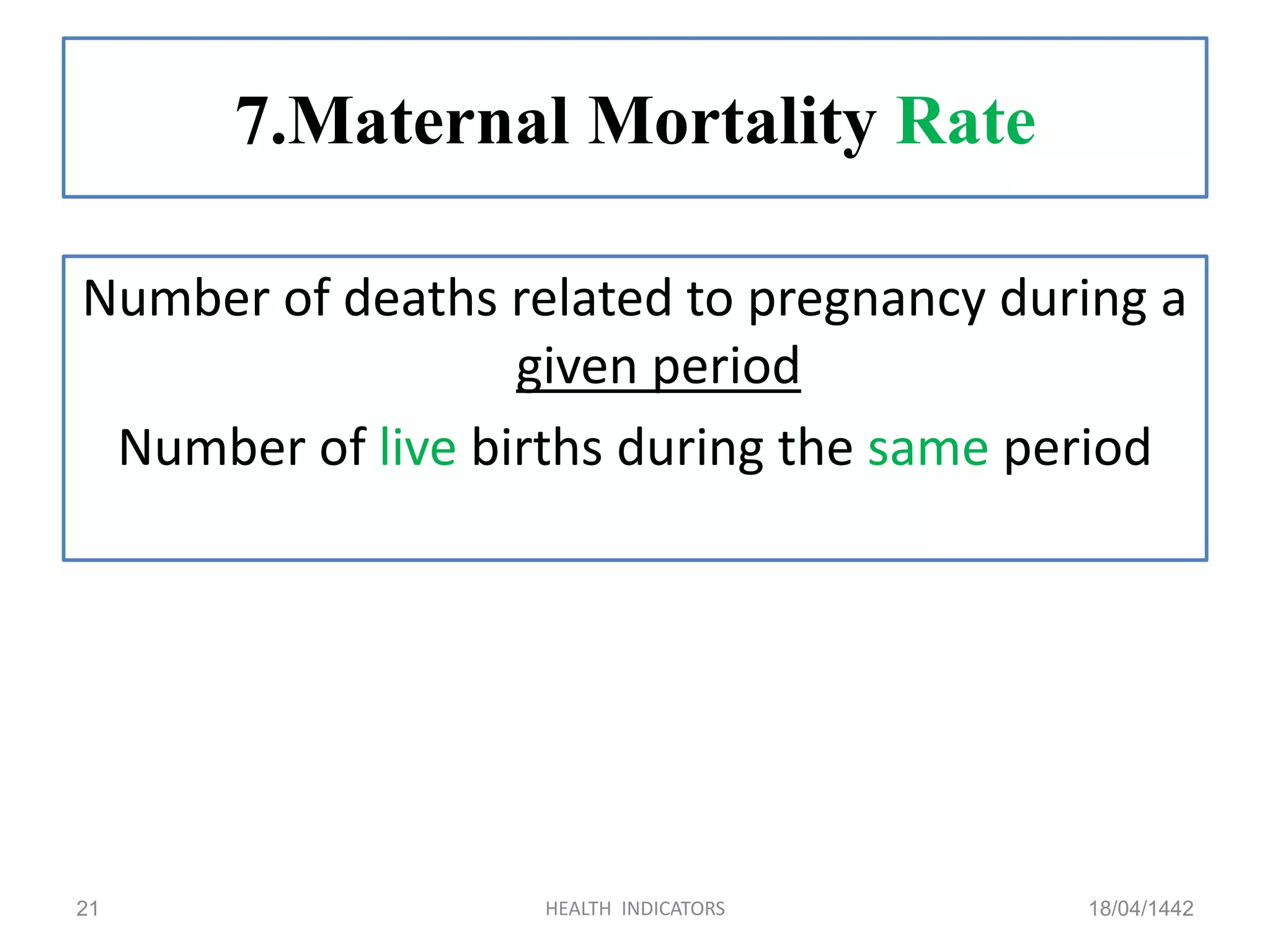 7.Maternal Mortality Rate
Number of deaths related to pregnancy during a
given period
Number of live births during the same period
18/04/1442HEALTH INDICATORS21
 