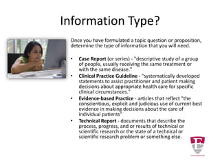 Ask Yourself Some Serious
Questions
You must choose your topic with a definite goal.
At the end of the research process what specific
think will you have learned.
Focus your thoughts by determining just what you
want to learn.
Think of concrete examples that turns your research
into healthcare practice.
 