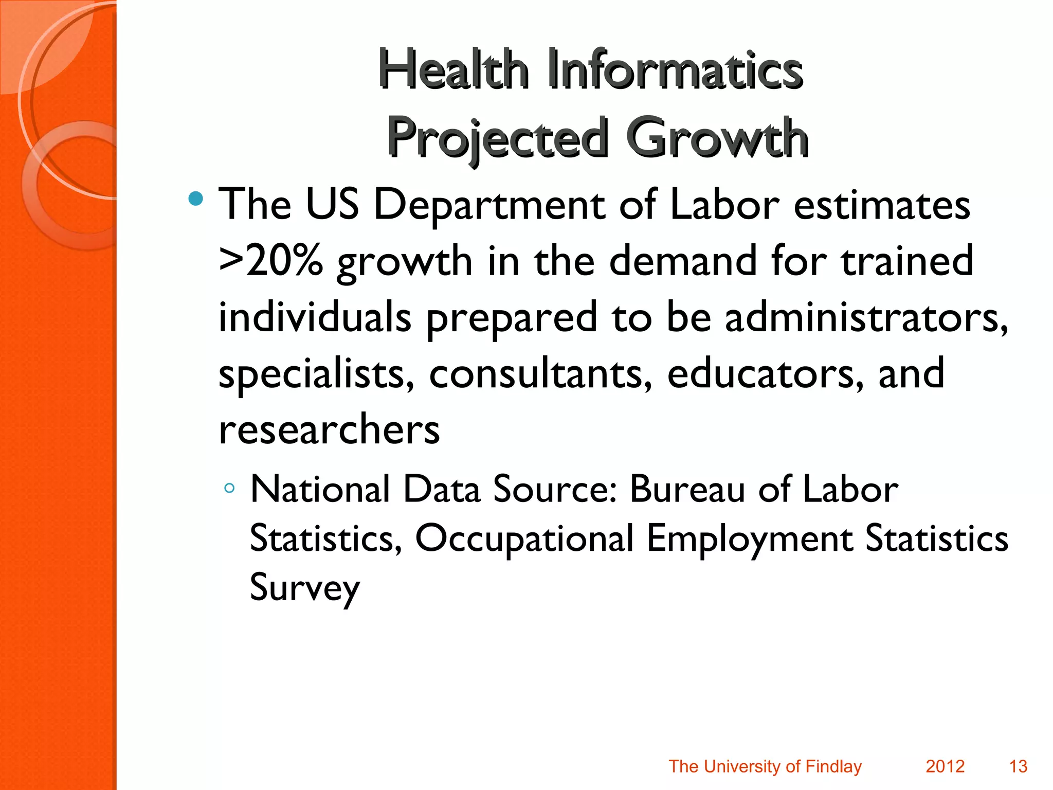 Health Informatics
             Projected Growth
   The US Department of Labor estimates
    >20% growth in the demand for trained
    individuals prepared to be administrators,
    specialists, consultants, educators, and
    researchers
    ◦ National Data Source: Bureau of Labor
      Statistics, Occupational Employment Statistics
      Survey



                               The University of Findlay   2012   13
 