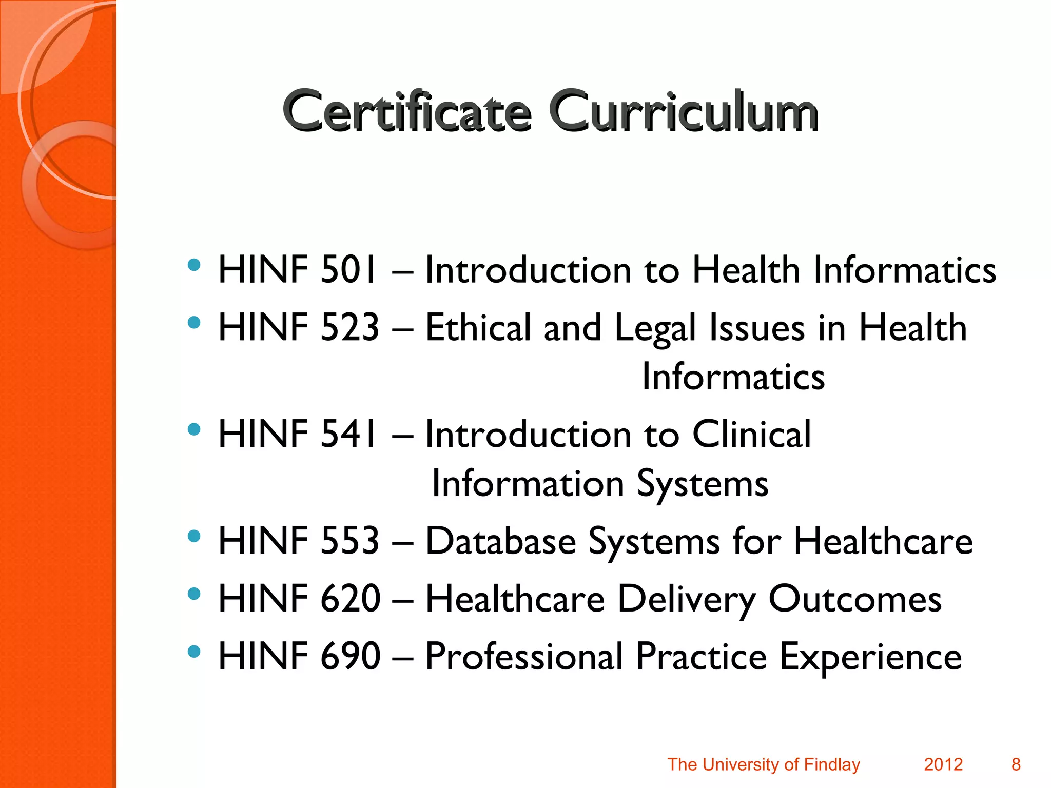 Certificate Curriculum

   HINF 501 – Introduction to Health Informatics
   HINF 523 – Ethical and Legal Issues in Health
                            Informatics
   HINF 541 – Introduction to Clinical
                Information Systems
   HINF 553 – Database Systems for Healthcare
   HINF 620 – Healthcare Delivery Outcomes
   HINF 690 – Professional Practice Experience

                             The University of Findlay   2012   8
 