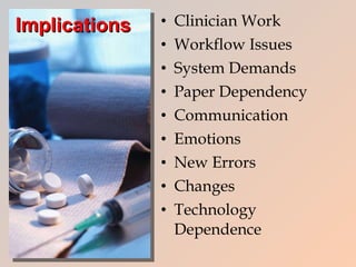 Implications Clinician Work Workflow Issues System Demands Paper Dependency Communication Emotions New Errors Changes Technology Dependence 