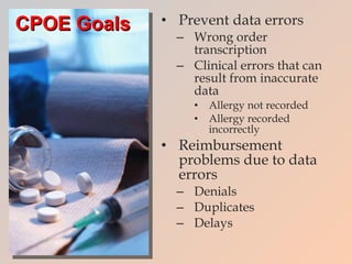 CPOE Goals Prevent data errors Wrong order transcription Clinical errors that can result from inaccurate data Allergy not recorded Allergy recorded incorrectly Reimbursement problems due to data errors  Denials Duplicates Delays 